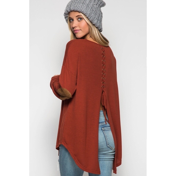 Lace up Back Knit Top With Suede Elbow Patch Rust - Picture 3 of 7